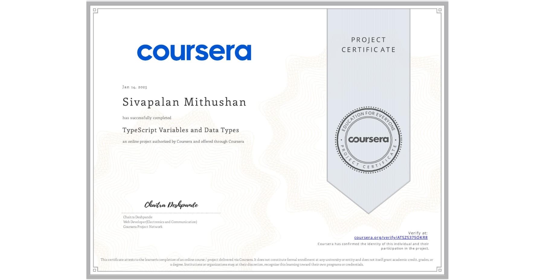 Problem Solving, TypeScript Variables and Data Types certificate preview