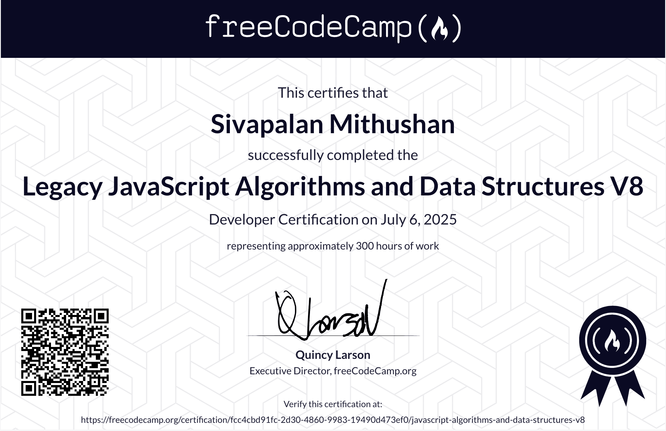 JavaScript Algorithms and Data Structures certificate preview